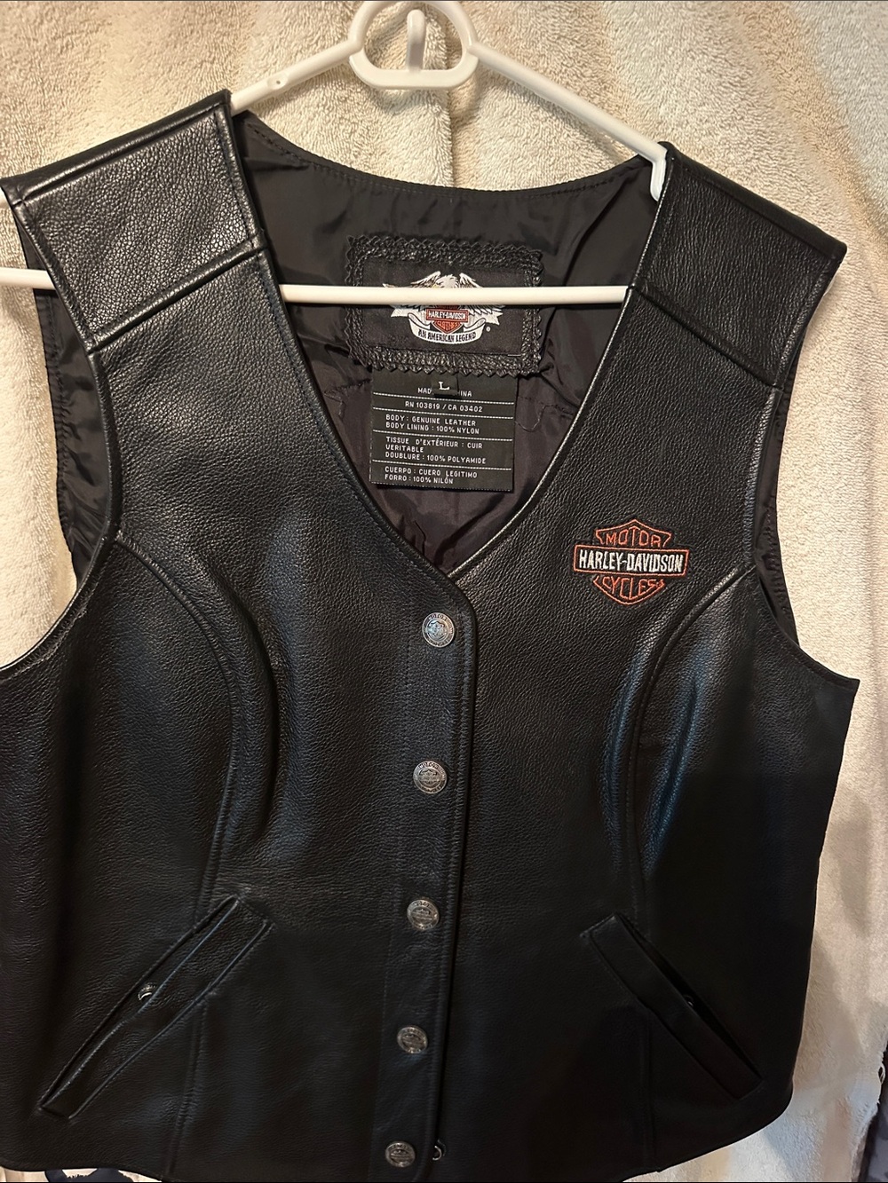 Harley-Davidson Black Leather Women's Snap-Front Vest with Embroidered Logo